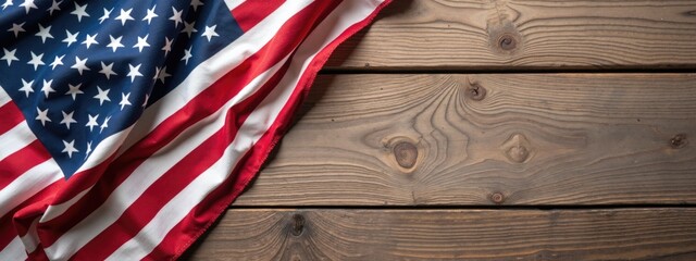 Obraz premium A folded American flag placed on a rustic wooden background. The image evokes a sense of respect and gratitude for veterans, with ample copy space for text or additional imagery.