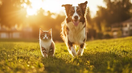 A cat and a dog are running together in a grassy field