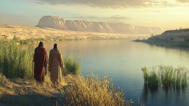 Moses and Aaron on the banks of the Egyptian river in the morning watching the Pharaoh coming.