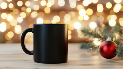 A cozy black mug on a wooden table surrounded by festive holiday decorations in soft lighting