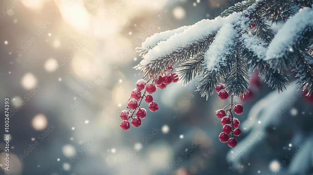 Canvas Prints   A tree covered in snow with berries on its branches in the foreground is depicted