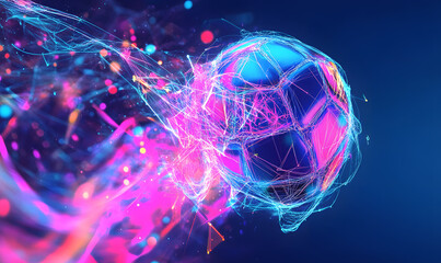 Dynamic Neon Football Action with Futuristic Geometric Patterns and Vibrant Light Trails for High-Energy Sports Advertising Backgrounds