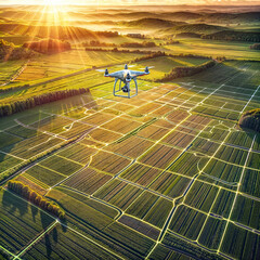 A drone flies over a lush green field, mapping it with a grid pattern. The sun is setting, casting a warm glow over the landscape.