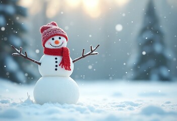 Cheerful snowman in winter landscape, festive