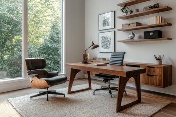 Modern office space featuring a wooden desk, stylish chairs, and natural light.