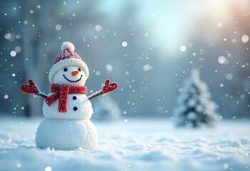 Cheerful snowman in winter landscape, festive