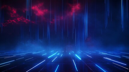 A futuristic scene with vibrant blue and red lights creating a mesmerizing atmosphere.