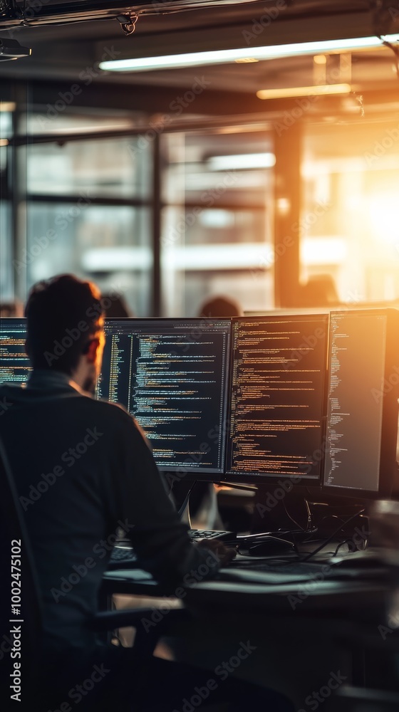 Fototapete Software developer coding on multiple monitors during sunset. Focused coding process with digital technology solutions.