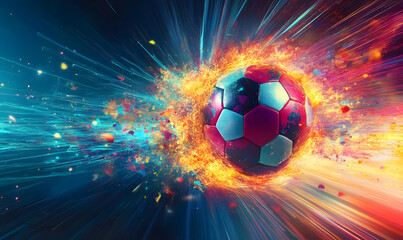 Fototapeta premium Dynamic Neon Football Action with Futuristic Geometric Patterns and Vibrant Light Trails for High-Energy Sports Advertising Backgrounds