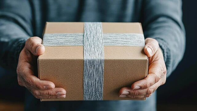 Close-up of two hands holding a wrapped gift box.