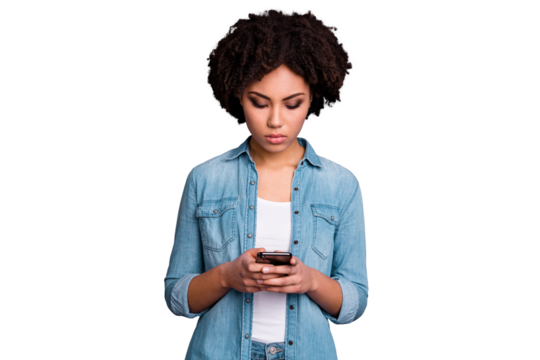 Porrait of concentrated thoughtful millennial use user modern technology hold hand search information read wear fashionable denim clothing isolated grey background