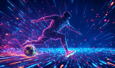 Dynamic Neon Football Action with Futuristic Geometric Patterns and Vibrant Light Trails for High-Energy Sports Advertising Backgrounds