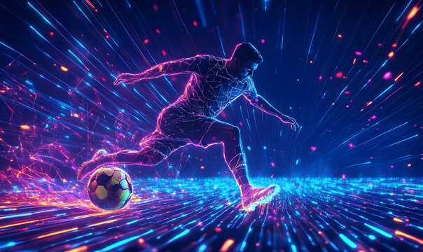 Dynamic Neon Football Action with Futuristic Geometric Patterns and Vibrant Light Trails for High-Energy Sports Advertising Backgrounds