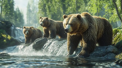 Brown bears walking through waters