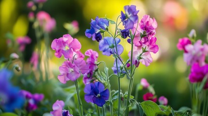 Fototapeta premium Colorful sweet peas blooming in a vibrant garden during the warm spring season, showcasing a variety of pink and purple hues