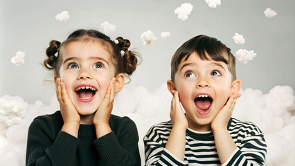Smiling children with open mouth and surprised eyes