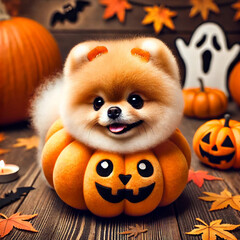 Adorable Pomeranian Puppy in a Halloween Pumpkin Costume