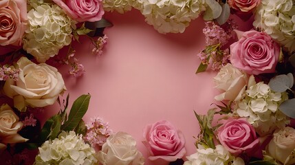   Heart-shaped frame of pink and white flowers on a pink background, surrounded by greenery