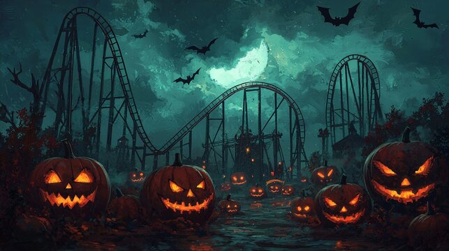 A haunted amusement park scene featuring glowing jack-o'-lanterns, eerie bats, and a moonlit sky, creating a spooky Halloween atmosphere.