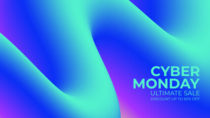 Cyber Monday Sale promotional banner. 3d wavy shape. Commercial background for discount online shopping, sale promotion and advertising. Vector illustration.