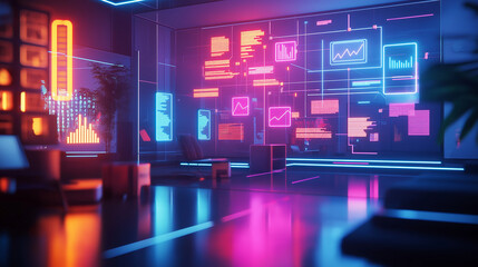 A glowing project management flowchart hovers, with neon shapes and progress lines in a futuristic office. v2