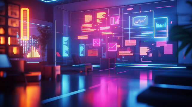 A glowing project management flowchart hovers, with neon shapes and progress lines in a futuristic office. v2 - Powered by Adobe