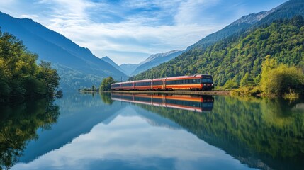 Obraz premium Scenic train traveling along a serene lake surrounded by mountains and lush greenery.