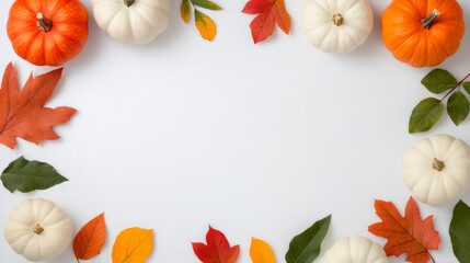 Fototapeta premium Autumn decoration with orange and white pumpkins surrounded by vibrant fall leaves