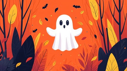 A cheerful, cartoon ghost floats amidst colorful autumn leaves and dark silhouettes of trees against an orange backdrop.