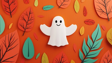 Obraz premium A cheerful paper ghost surrounded by colorful autumn leaves on a vibrant orange background.