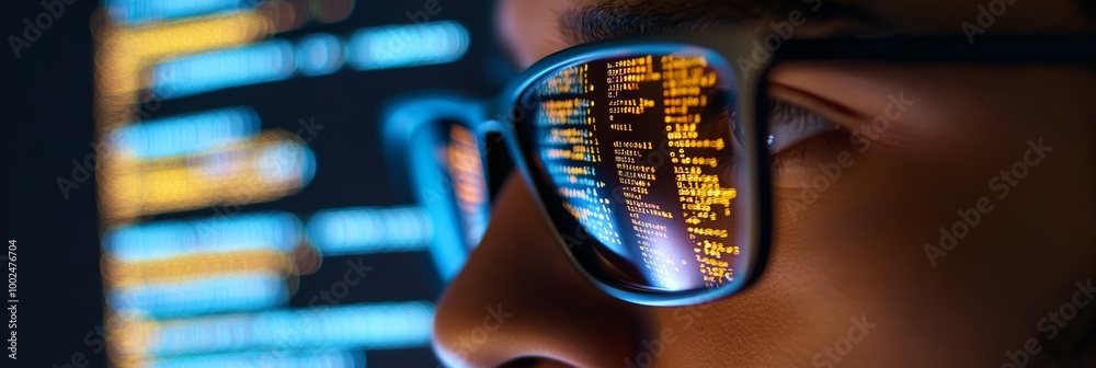 Fototapete Reflection of bright code in glasses of a developer in a tech workspace. Highlighting cybersecurity, programming, and software development.