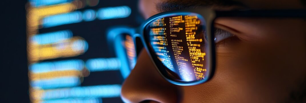 Reflection of bright code in glasses of a developer in a tech workspace. Highlighting cybersecurity, programming, and software development.