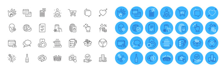 Yoga, Buildings and Touchscreen gesture line icons pack. Social responsibility, Messenger, Survey checklist web icon. Love, Speech bubble, Calculator pictogram. Radiator. Color icon buttons. Vector