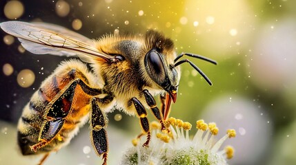   A clear photo of a bee hovering over a flower with droplets on its back, set against a blurry background