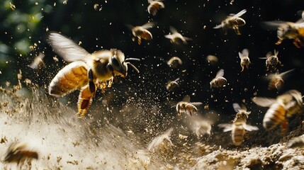 Fototapeta premium Bees buzzing in flight, wings spread wide, bodies coated in dirt and sand