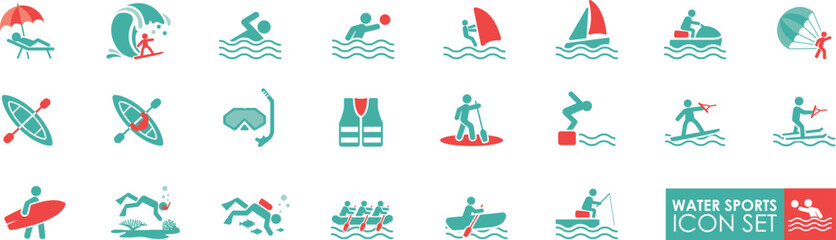 The water sport solid icon set, Contains such Icons as Riding Water Bike, WindsurfingSUP Boarding, and more