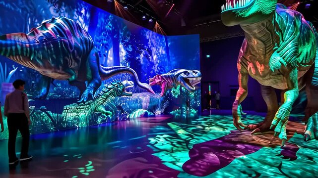 Man walking through immersive dinosaur exhibit