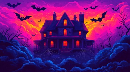 A spooky, colorful depiction of a haunted house at dusk, surrounded by ominous clouds and flying bats, creating a Halloween atmosphere.
