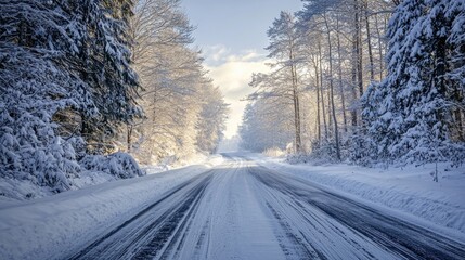 Fototapeta premium Winter road trip with snow-covered landscape. Roadway and route snowy street trip. Driving
