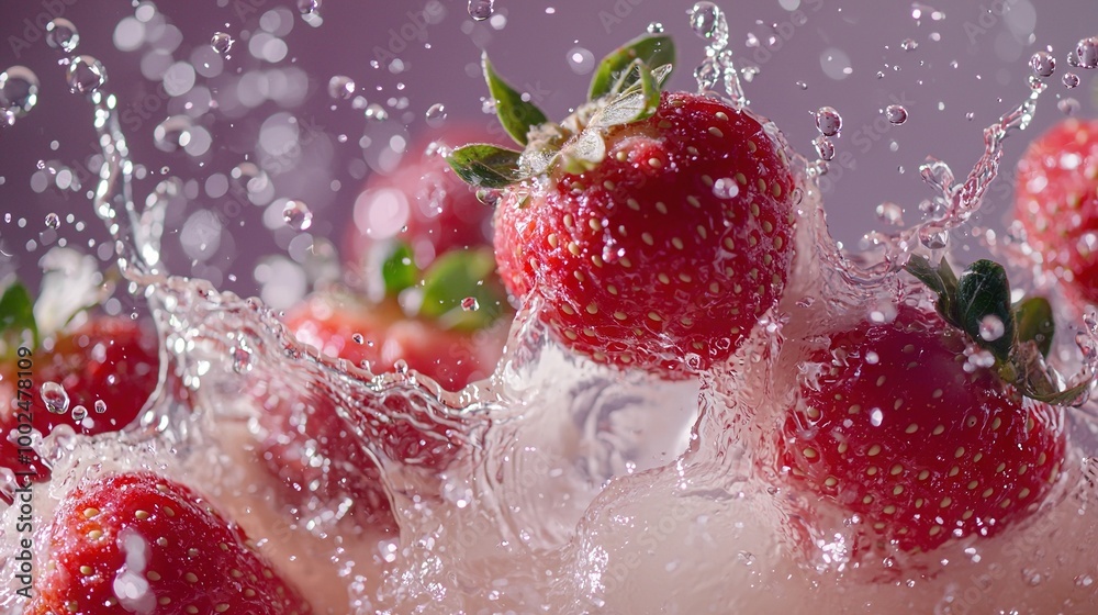 Wall mural   A group of strawberries sitting on top of a table with water dripping onto them