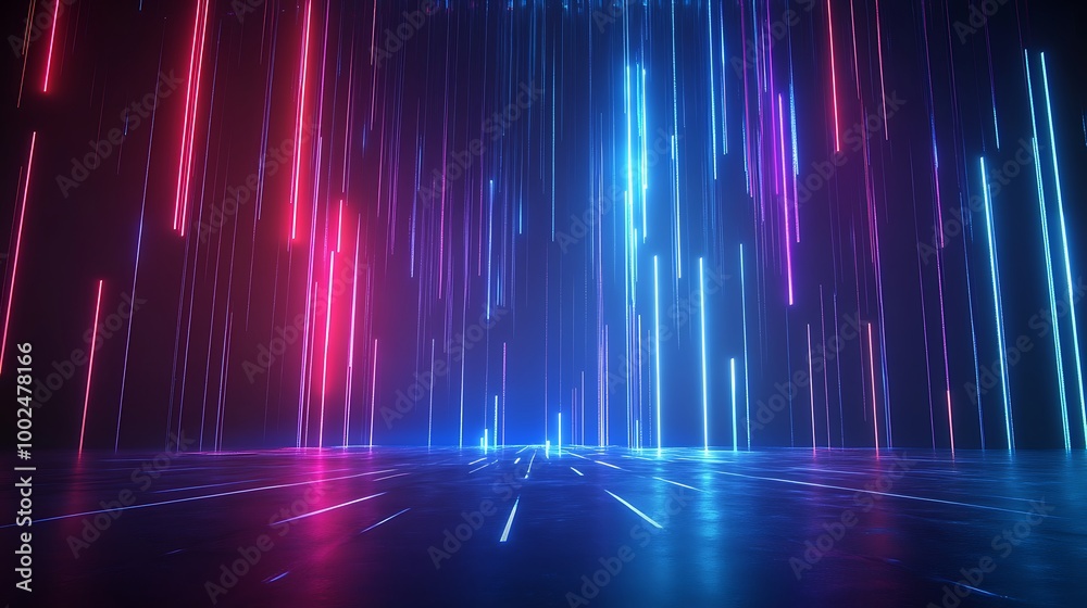 Poster abstract background with vibrant illuminated vertical lines in blue and pink, creating a dynamic and