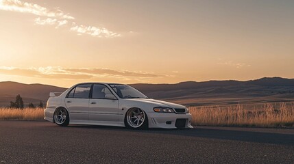 "JDM Car on a Deserted Street, Parked Against the Horizon Where Sunset Meets Wide Road and Scenic Sky in a Breathtaking Landscape"