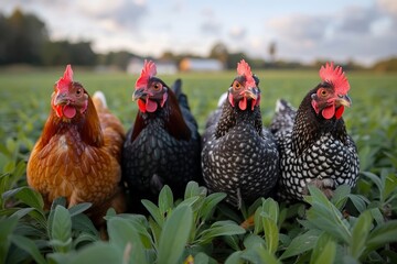 Fototapeta premium Charming hens grazing on lush green grass with ample space for text or inscriptions