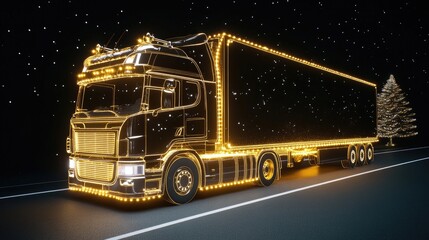 A festive truck drives down a winter road adorned with Christmas lights and snowflakes, carrying a beautifully decorated tree in its trailer