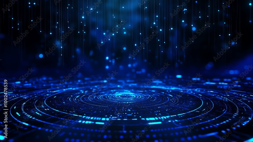 Poster Abstract blue technology background with glowing lights and circular patterns.