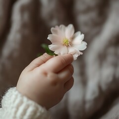   A pink flower rests in a baby's palm atop a white blanket, its green stem reaching outwards