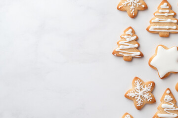 Decorated Christmas cookies arranged on a marble surface for festive celebrations