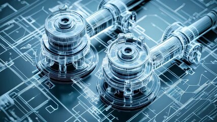 Industrial pipe, valve and hand wheel in a 3d wireframe projection. Industrial blueprint concept.