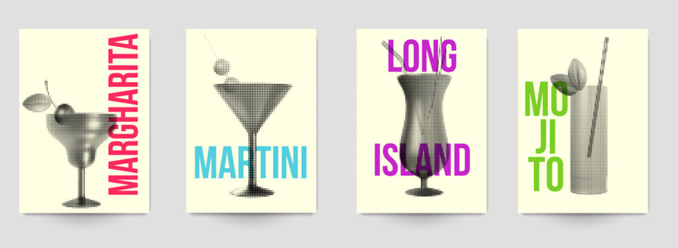 Set of abstract silhouette cocktails with alcohol or juice in minimalistic geometric flat style. Creative colorful composition. Concept for branding menu, cover, flyer, banner. Vector illustration.