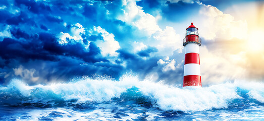 The glow of the lighthouse against the starry sky. Waves over a lighthouse against stormy clouds.